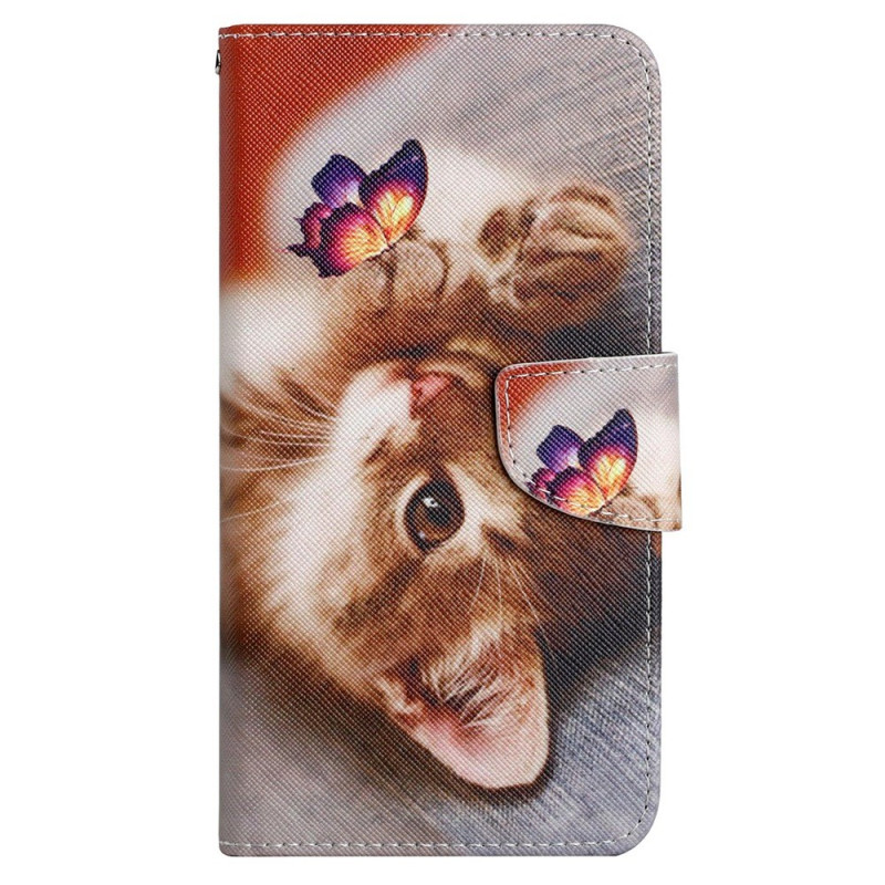 Hülle Samsung Galaxy A15 5G Druck Schmetterling und Katze mit Riemen