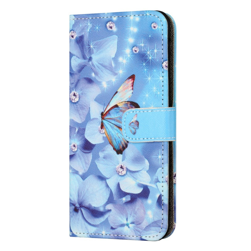 Xiaomi Redmi Note 13 5G Blaue Blumen und Schmetterling Tasche mit Riemen