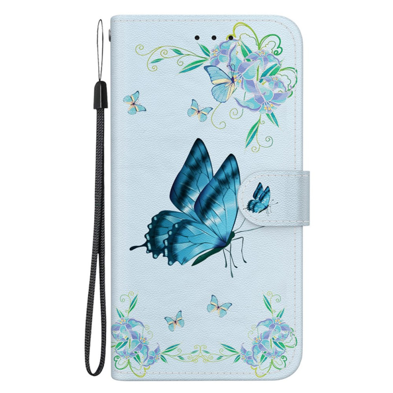 Tasche Poco F5 Blauer Schmetterling und Blumen mit Riemen