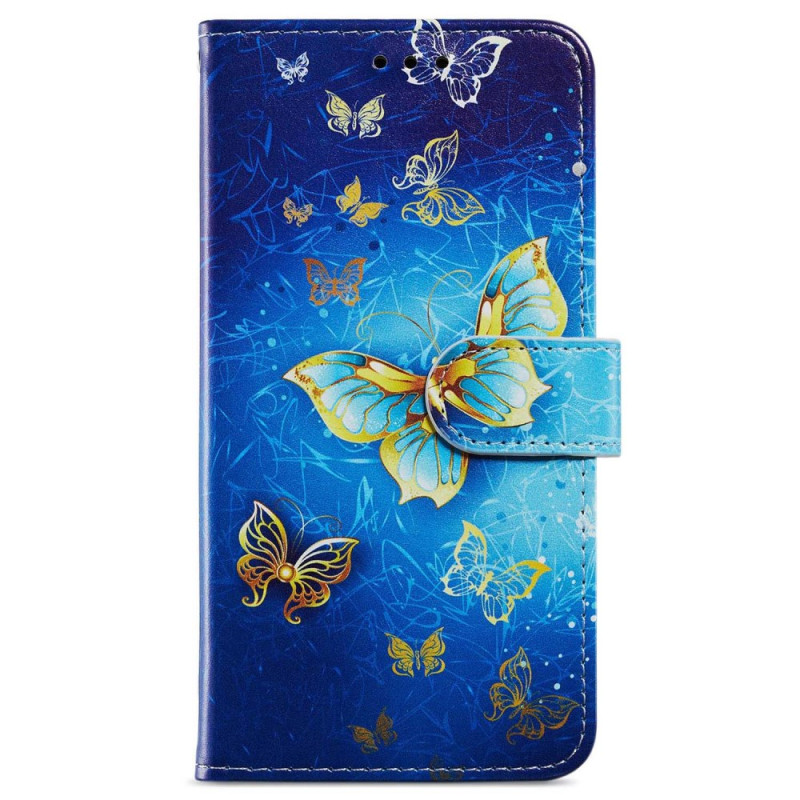 Oppo A79 5G Tasche Goldene Schmetterlinge auf blauem Hintergrund mit Riemen