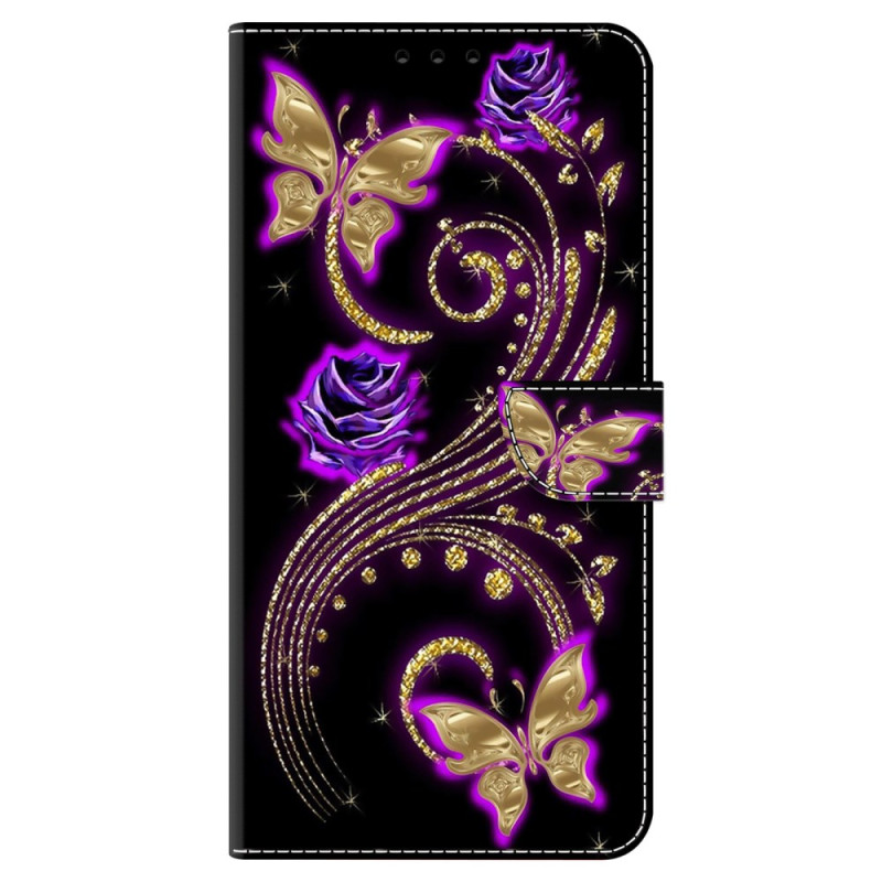 Oppo A98 5G Hülle Violette Blumen und Schmetterlinge