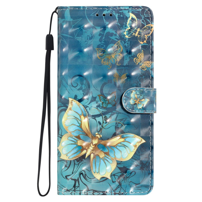 Oppo A96/A76/Realme 9i Tasche Goldene Schmetterlinge auf blauem Hintergrund mit Riemen