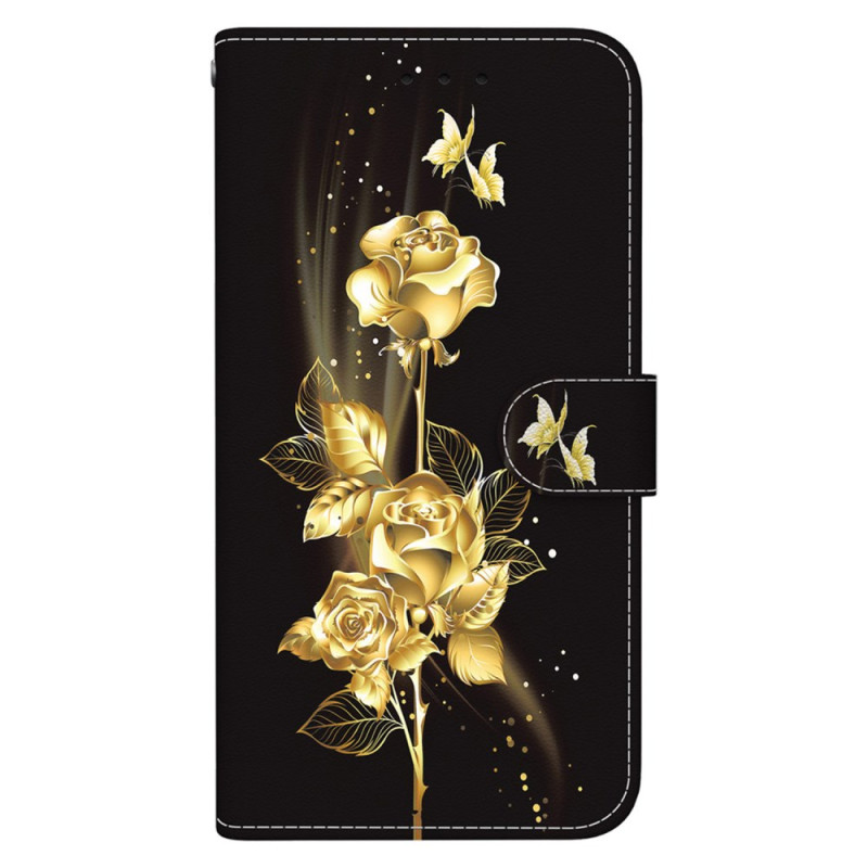 Xiaomi Redmi A3 / Poco C61 Schmetterling Goldener Schmetterling und Rosen mit Riemen Tasche