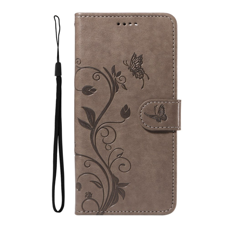 Xiaomi Redmi A3 / Poco C61 Tasche Schmetterlinge und Blumen Design mit Riemen