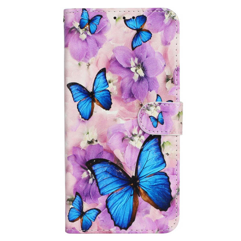 iPhone 16 Hülle mit blauen Schmetterlingen und violetten Blumen mit Riemen