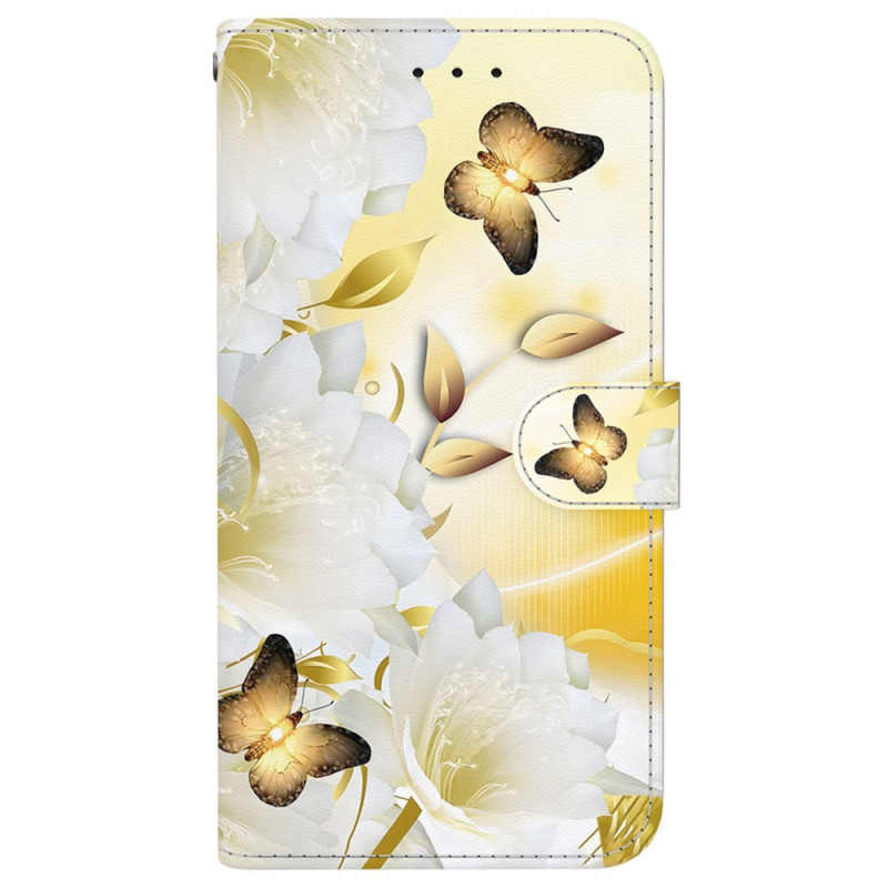 iPhone 16 Pro Hülle mit goldenen Schmetterlingen und weißen Blumen mit Riemen