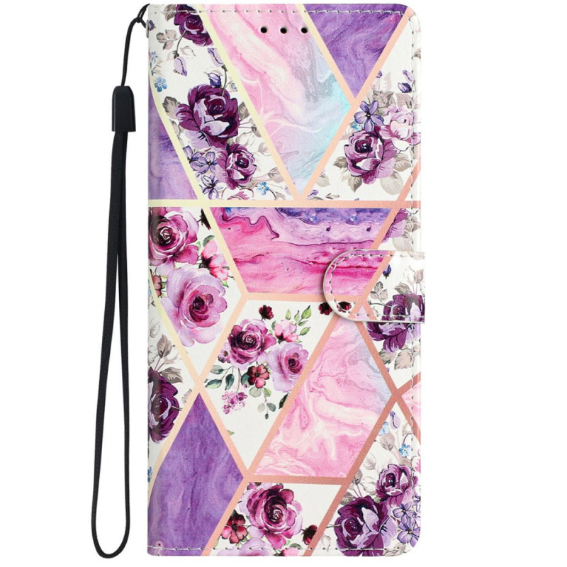 iPhone 16 Pro Hülle Violette Blumen mit Riemen