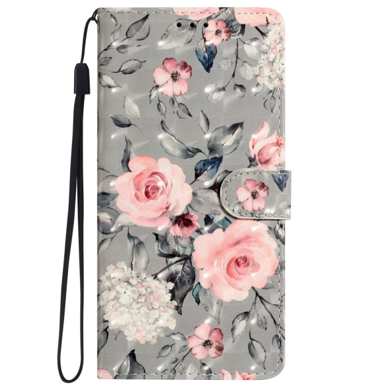 iPhone 16 Pro Hülle Rosa Blumen auf grauem Hintergrund mit Riemen