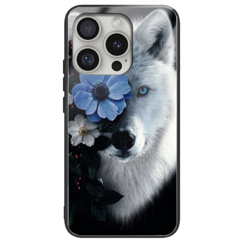 iPhone 16 Pro Schutzhülle aus gehärtetem Glas mit Wolf und Blume Blau