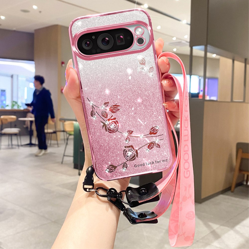 Google Pixel 9 Pro Cover Blumen und Strass mit Riemen KADEM