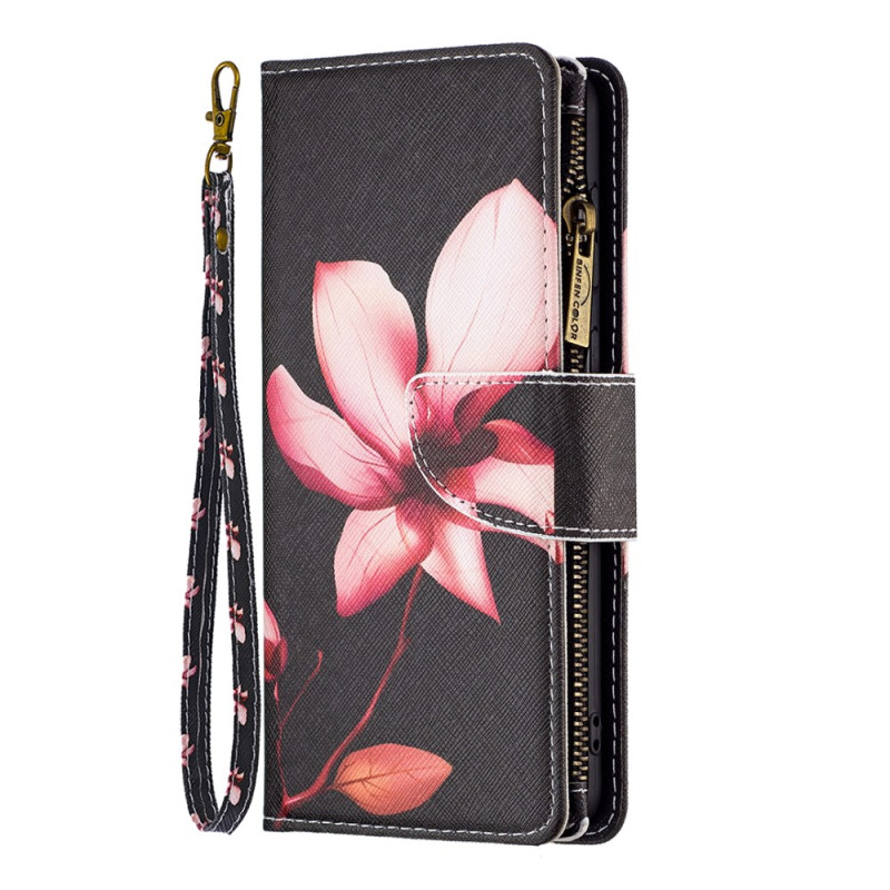 iPhone 16 Pro Max Tasche Brieftasche Rosa Blume auf schwarzem Hintergrund