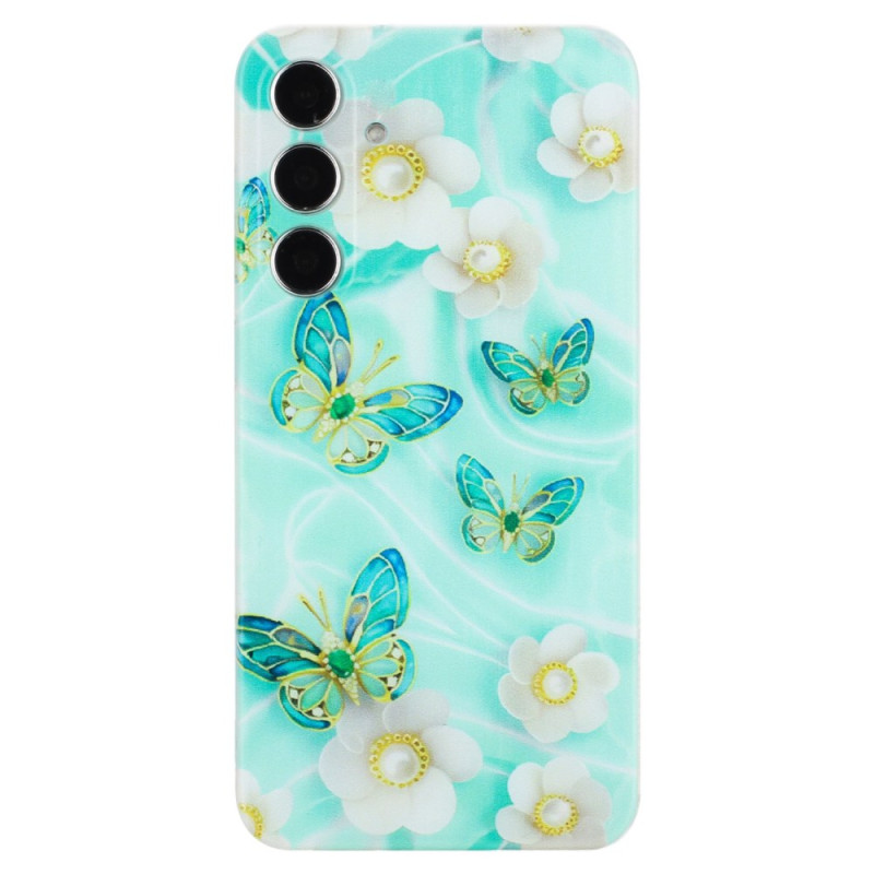 Samsung Galaxy S24 FE Cover Weiße Blumen und Grüne Schmetterlinge