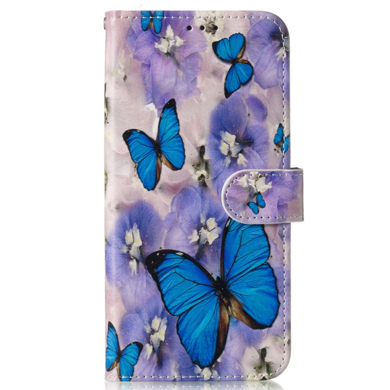 Samsung Galaxy S24 FE Hülle Violette Blumen und Blaue Schmetterlinge