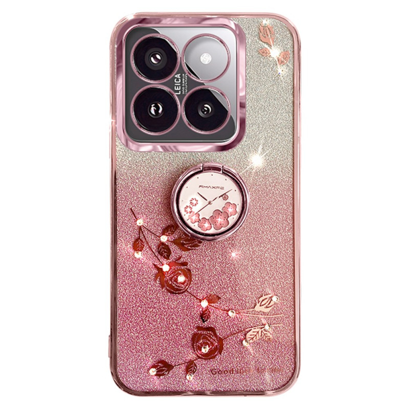 Coque Xiaomi 14T Pro Anneau-Support Strass et Fleurs KADEM