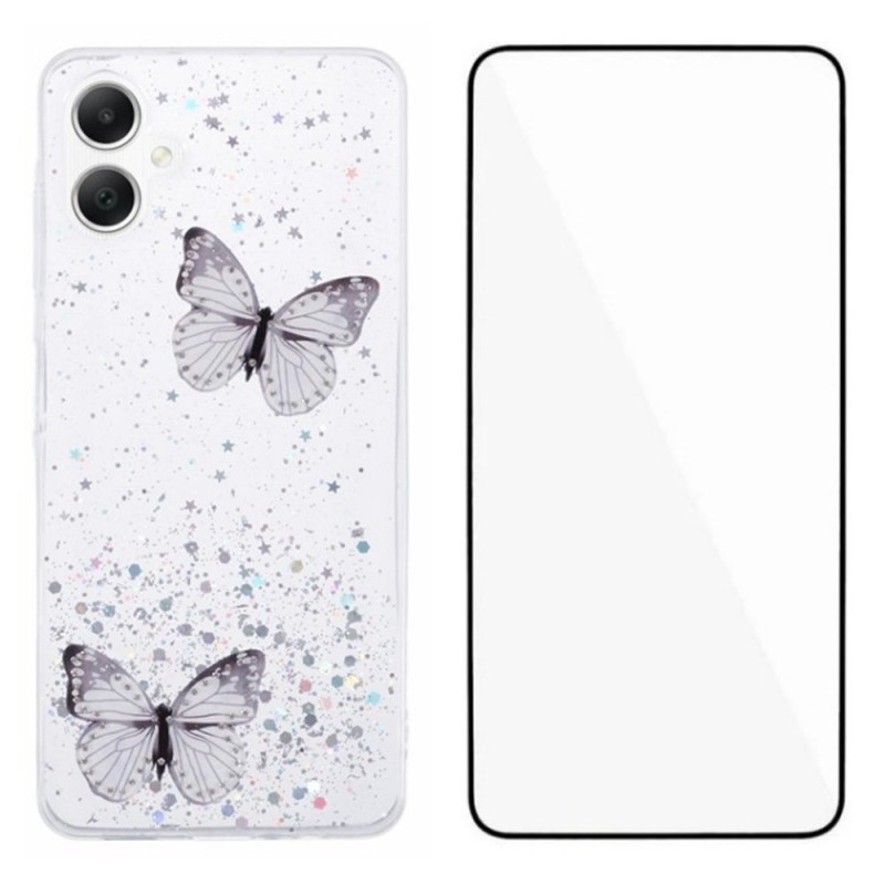 Samsung Galaxy A06 Schmetterlinge Cover mit Displayschutz aus gehärtetem Glas WANLONFENG