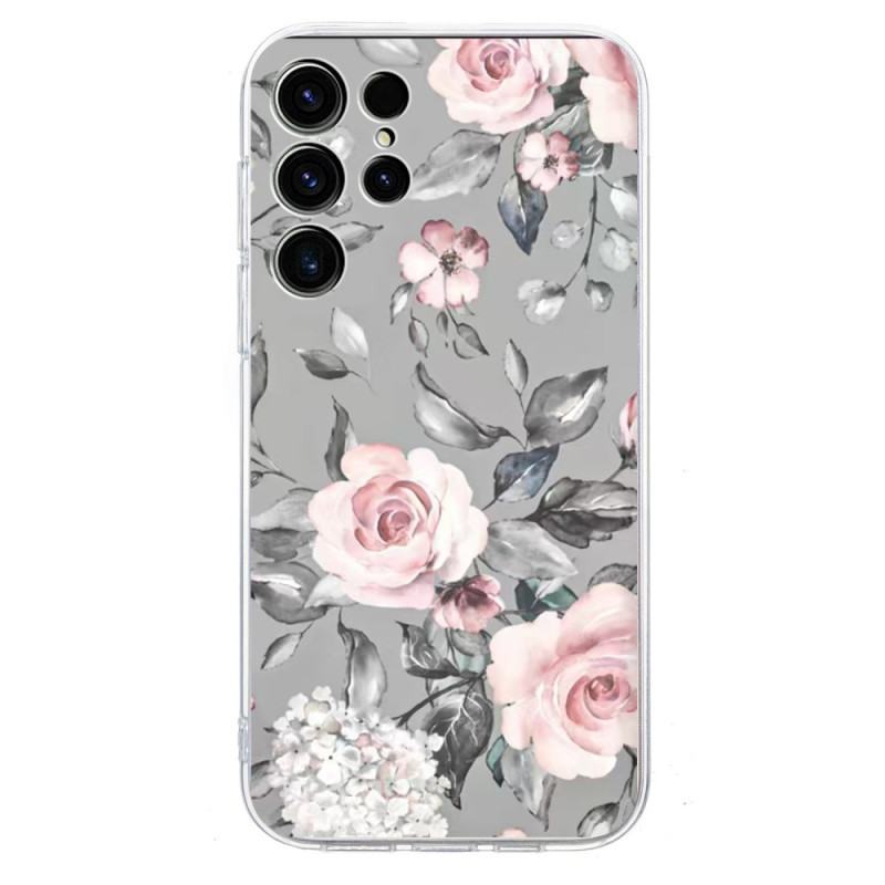 Samsung Galaxy S25 Ultra 5G Cover Blumenmuster auf grauem Hintergrund