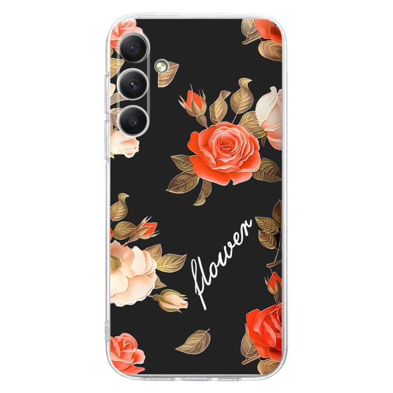 Samsung Galaxy A26 5G Cover Blumenmuster auf schwarzem Hintergrund