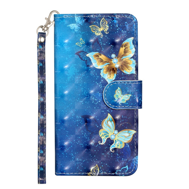 Tasche Moto G35 5G Blaue und goldene Schmetterlinge mit Riemen