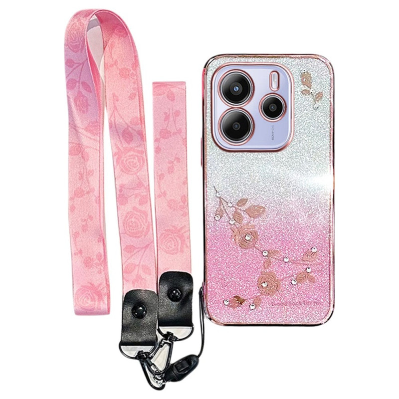 Coque Xiaomi Redmi Note 14 4G Strass et Fleurs à Lanière