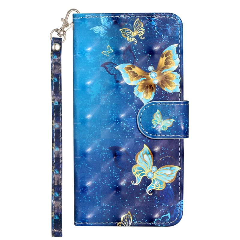 Samsung Galaxy S25 FE Tasche Schmetterlinge Blau und Gold mit Riemen