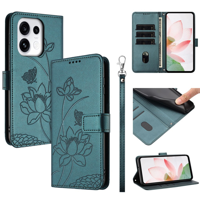 Hülle für Oppo Reno 16 F 5G / 16 FS 5G mit Lotus-Motiv und Trageriemen