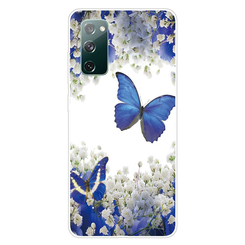 Samsung Galaxy S20 FE Cover Blaue Schmetterlinge und Winterblumen