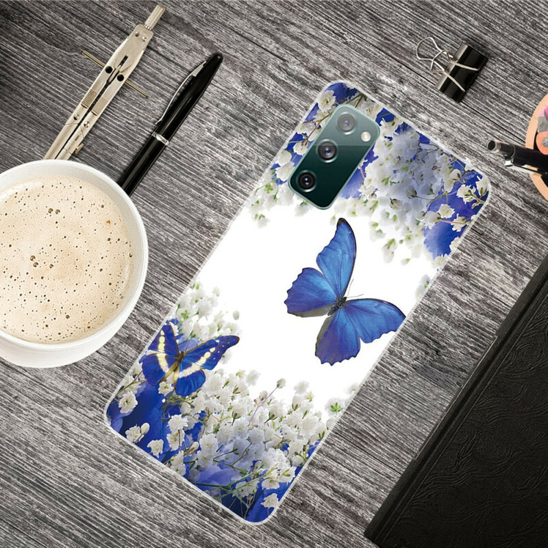 Samsung Galaxy S20 FE Cover Blaue Schmetterlinge und Winterblumen