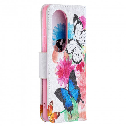 Cover Huawei P50 Pro dipinta con farfalle e fiori