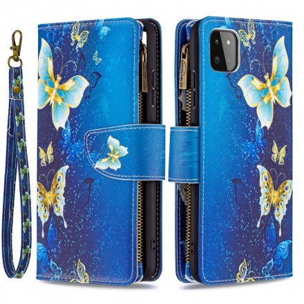 Samsung Galaxy A22 5G Custodia con tasca a zip con farfalle