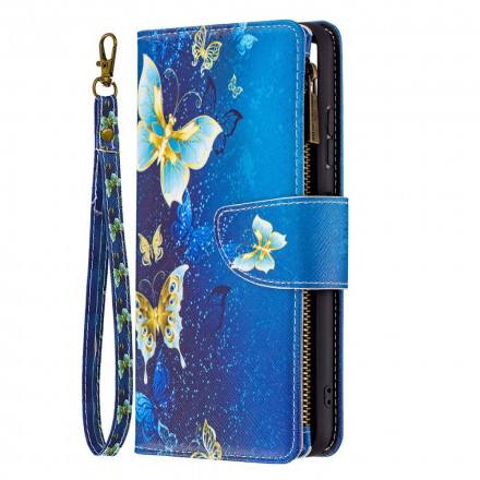 Samsung Galaxy A22 5G Custodia con tasca con zip e farfalle