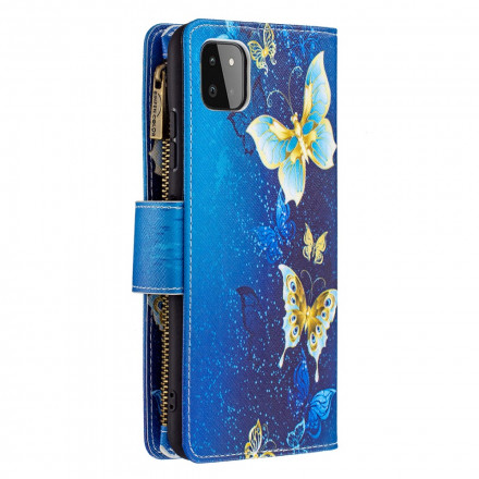 Samsung Galaxy A22 5G Custodia con tasca con zip e farfalle