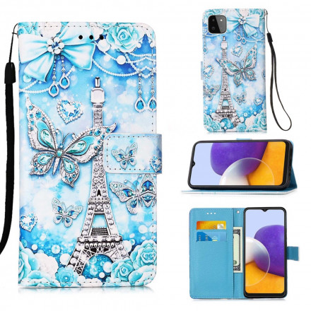Samsung Galaxy A22 5G Custodia Torre Eiffel Farfalle con cinturino