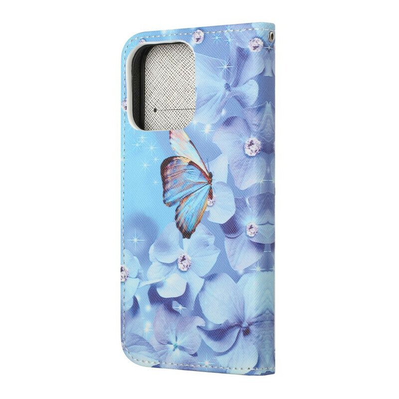 Custodia per iPhone 13 Butterfly Diamonds con cordino