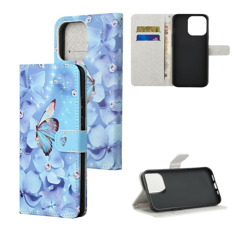 Custodia per iPhone 13 Butterfly Diamonds con cordino