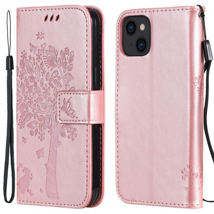 Custodia per iPhone 13 Albero e gatto con cordino