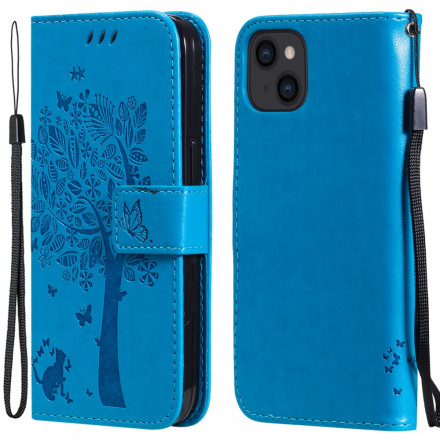 Custodia per iPhone 13 Albero e gatto con cordino