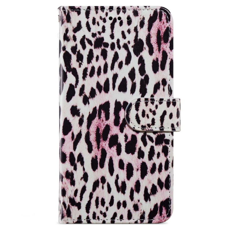 Custodia per iPhone 15 con design leopardato e cinturino