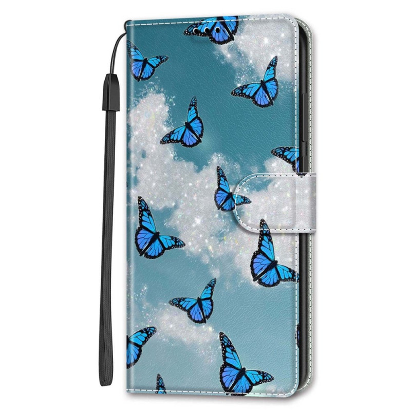 Samsung Galaxy S24 5G Custodia con cinturino con nuvole bianche e farfalle blu