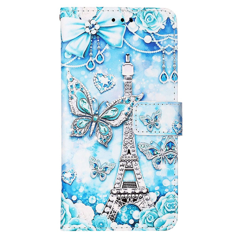 Custodia per Samsung Galaxy A15 con cinturino a forma di torre Eiffel e farfalla