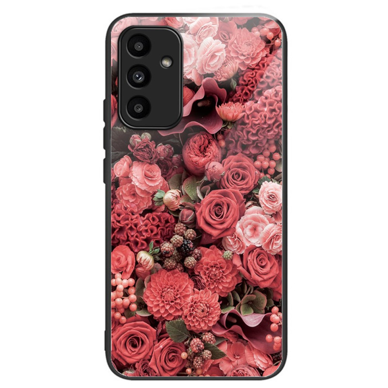 Samsung Galaxy A15 5G / A15 Custodia in vetro temperato rosso e fiori rosa