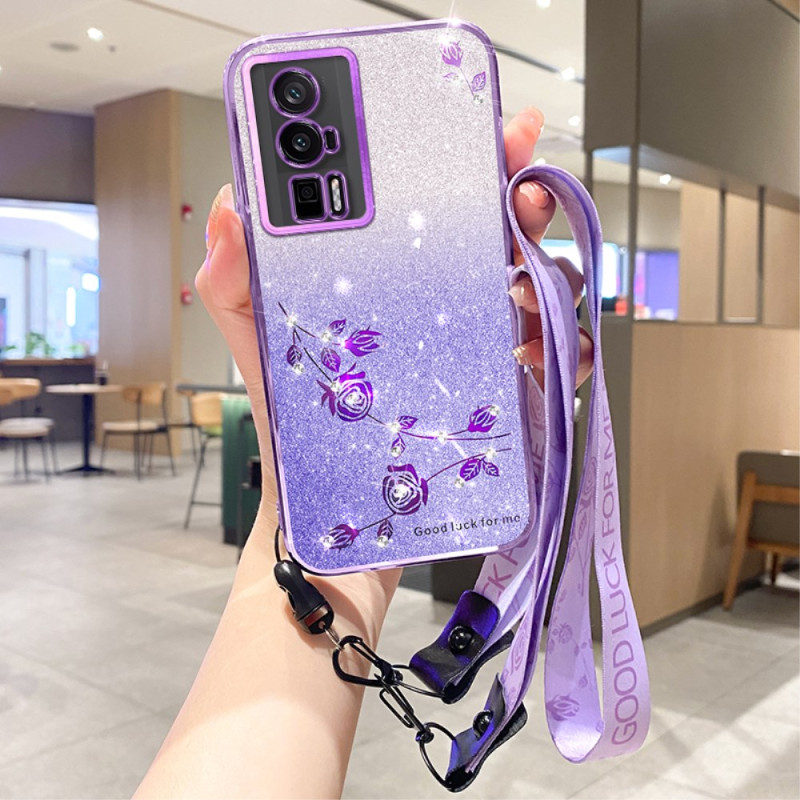 Poco F5 Pro Custodia con cinturino in strass e fiori KADEM