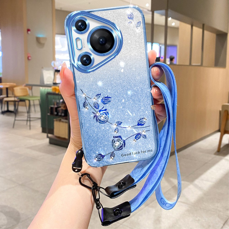 Huawei Pura 70 Pro Custodia con fiori e strass con cinturino