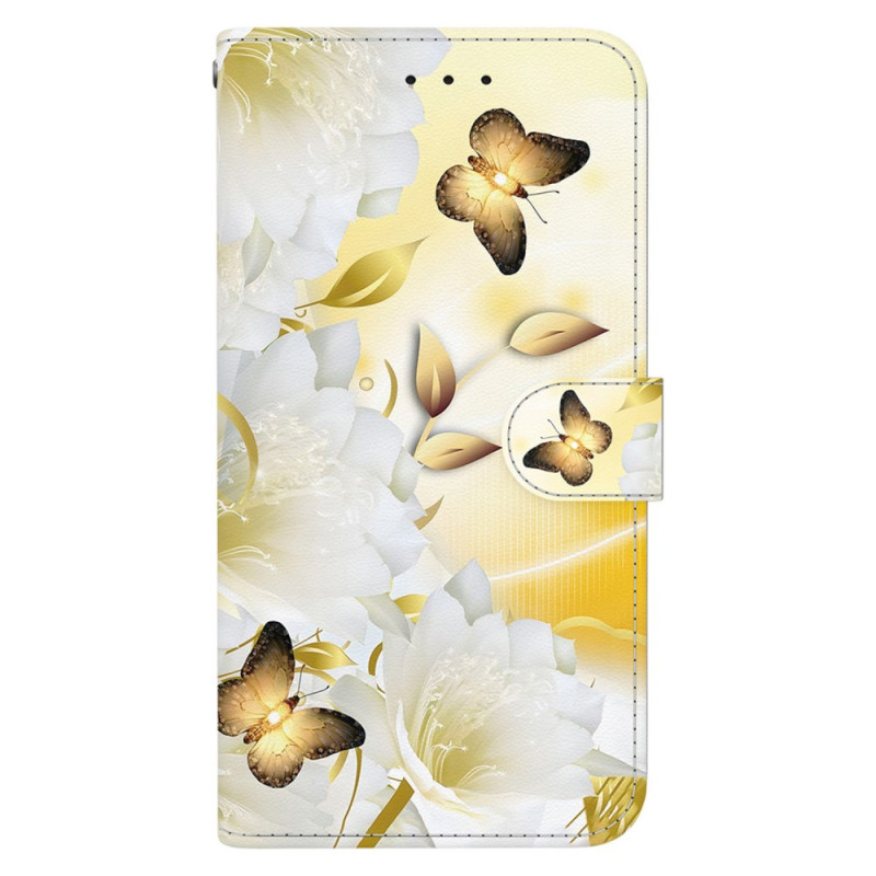 Sony Xperia 10 VI Custodia con cinturino in oro con farfalle e fiori bianchi