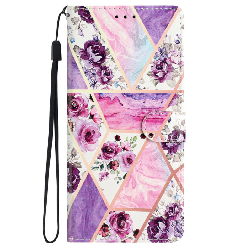 Custodia iPhone 16 Plus Marble Purple Flowers con cinturino