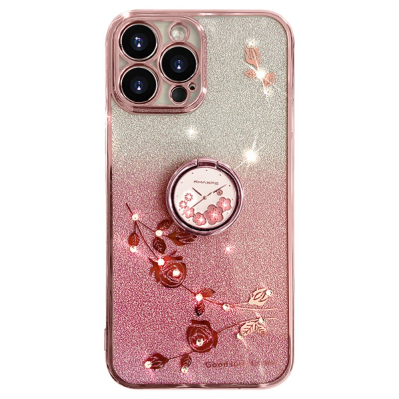 Custodia per iPhone 16 Pro Supporto ad anello con fiori e strass KADEM