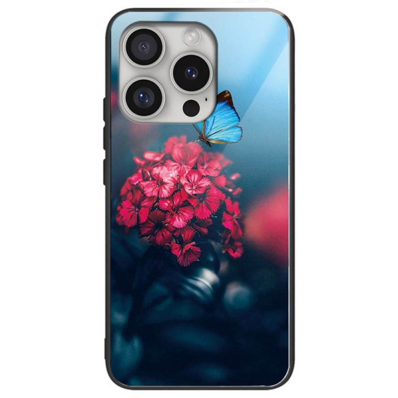 iPhone 16 Pro Max Custodia in vetro temperato Fiori e farfalle blu