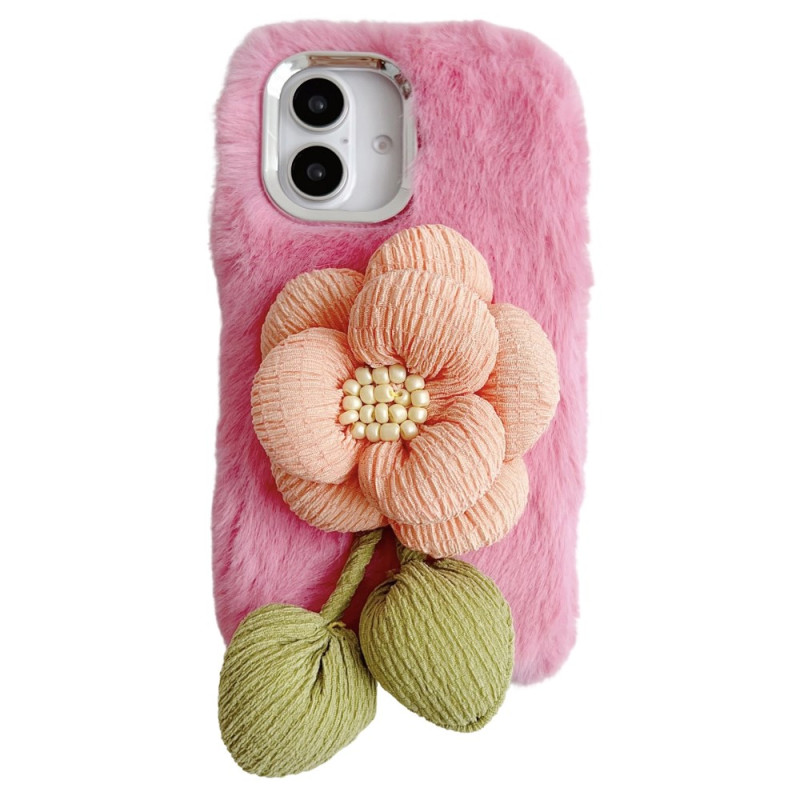 Custodia per iPhone 16 in peluche con fiore 3D