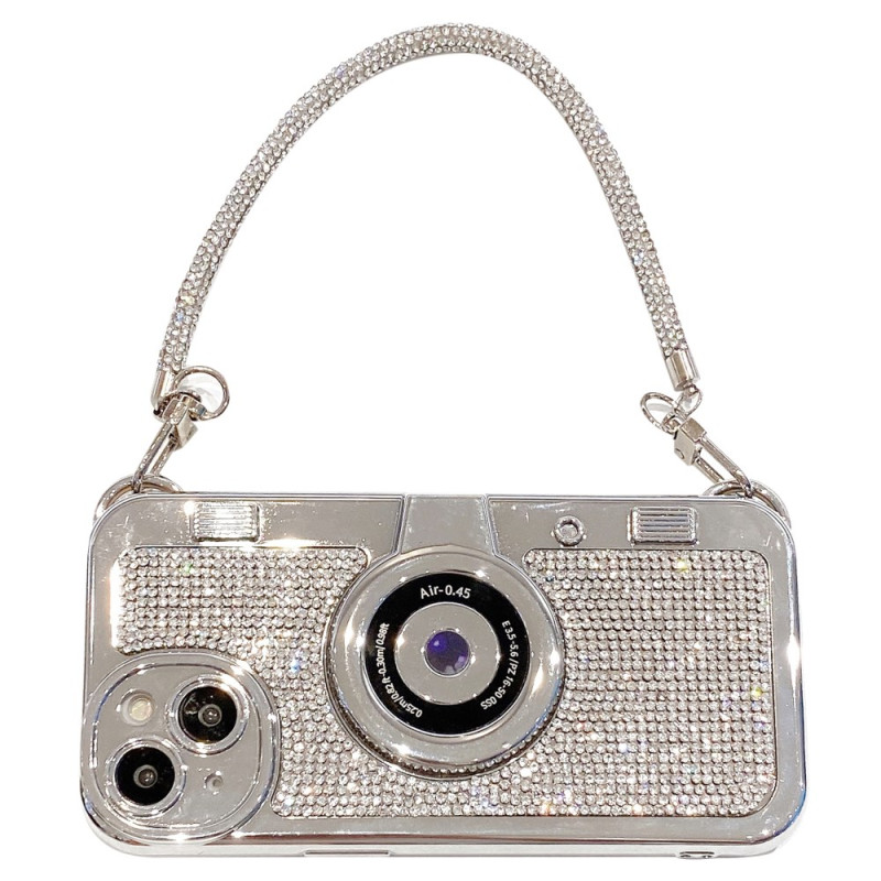Custodia per fotocamera iPhone 15 con decorazione di strass e catene