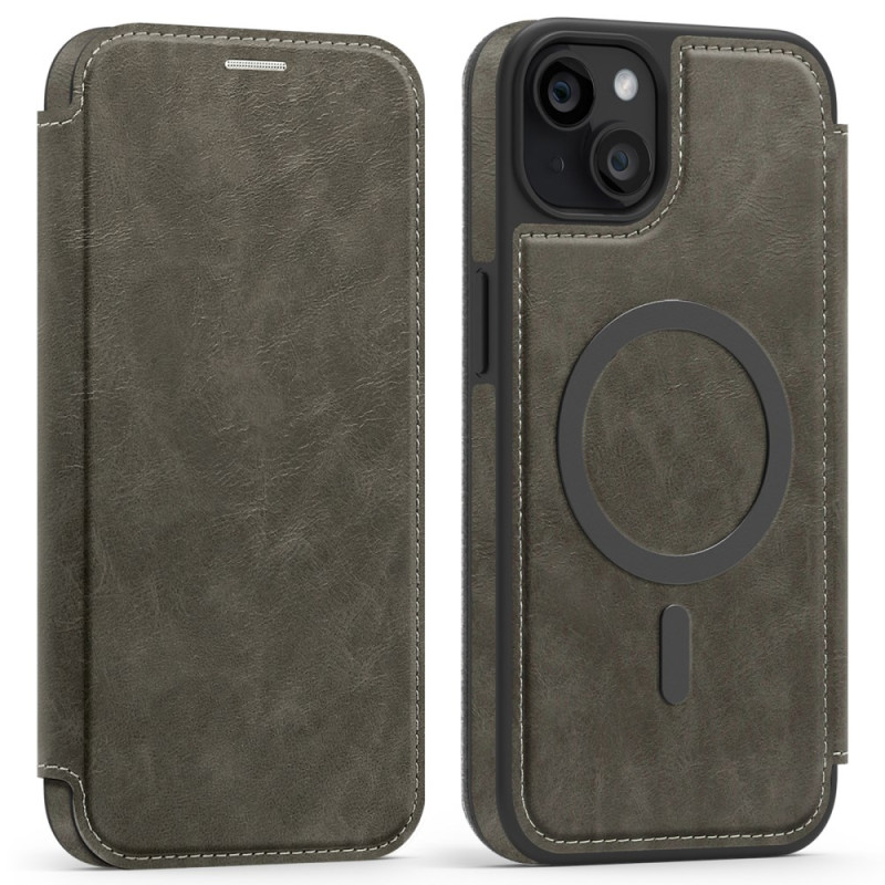 Flip Cover iPhone 15 Plus MagSafe con portacarte RFID effetto pelle