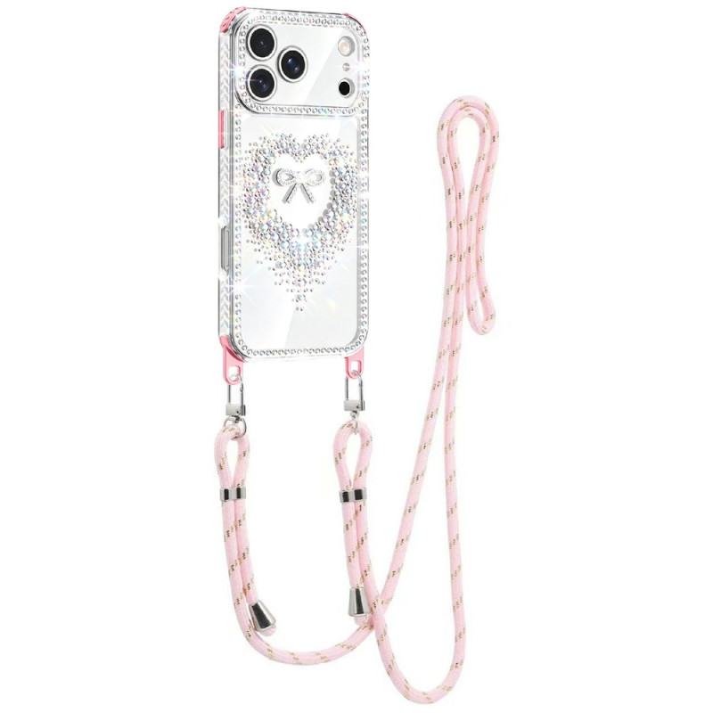 Custodia con cordino per iPhone 18 Pro / 17 Pro con cuore e strass